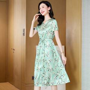 Summer New V-neck Lace-up Printed Elegant Silk <b>Dress</b>, <b>Floral</b> Casual and Versatile Women's Silk <b>Dress</b> - Product Image 3