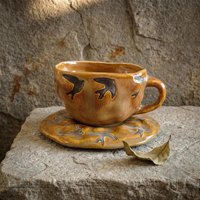 Ensemble tasse et soucoupe à café en céramique artisanale de style vintage, design floral, pour la maison, idéal pour le thé de l'après-midi