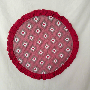 <b>Foldable</b> Round Red Ruffled <b>Mattress</b> with Geometric Pattern Embroidery Bohemian Style Cotton Fabric Decorative Cushion - Product Image 1