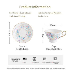 Tasse et soucoupe à café en porcelaine fine style pastoral - Bord doré, motif floral baies pour le thé de l'après-midi - Product Image 6