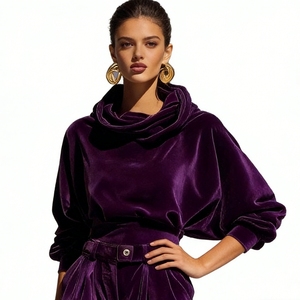 Women's Hooded Velvet 2 Piece <b>Set</b> - Elegant Long-Sleeve Top & Baggy Pants Formal Casual Outfit Fashion - Product Image 5