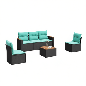 ชุดโซฟาหวายสังเคราะห์สีดำพร้อมเบาะรองนั่ง เฟอร์นิเจอร์กลางแจ้งสำหรับ 6 ที่นั่ง ดีไซน์ร่วมสมัย สไตล์โมเดิร์น - Product Image 1