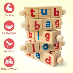Blocos de Leitura de Madeira com Cristais, Varetas de Vovôs Curtos, Jogos de Ortografia, Cartões de Flash, Quebra-Cabeça de Letras Rotativas, Brinquedo Educacional Montessori do Alfabeto - Product Image 5