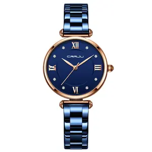 Crrju Top Brand Ladies Watch Diamond dial Display Slim Compact Blue Stainless Steel Quartz Women's Watch Elegant Exquisite