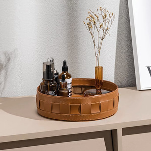 European style leather desktop <b>storage</b> basket, miscellaneous item tray, cosmetic <b>storage</b> <b>box</b>, decorative woven basket <b>storage</b> - Product Image 2