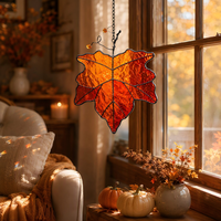 Attrape-soleil en verre teinté feuille d'érable orange, verre ondulé ambré, décoration d'automne, cadeau de Thanksgiving, art suspendu pour fenêtre