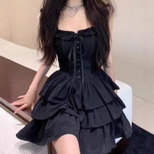 Nouvelle arrivée été <span class=keywords><strong>petite</strong></span> <span class=keywords><strong>robe</strong></span> <span class=keywords><strong>noire</strong></span> pour les femmes Sexy français col carré fronde Spaghetti sangle décontracté princesse naturel solide - Product Image 3