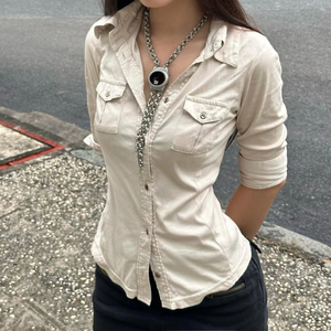 Chemise de travail à manches trois-quarts avec poche en tricot pour femmes, haut décontracté à simple boutonnage, style streetwear, mode polyvalente Y2K - Product Image 4