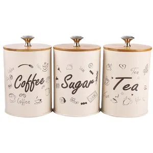 पाउडर लेपित चाय कॉफी चीनी कनस्तर स्टेनलेस स्टील कॉफी कनस्तर बांस के ढक्कन के साथ खाद्य कनस्तर