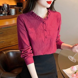 Blusa de punto de algodón de alta calidad para mujer, estilo coreano, transpirable, de manga larga, popular, informal, para oficina, color liso. - Product Image 2