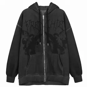 Wanita Hip Hop Streetwear Hoodies Zip Up Malaikat Gelap Cetak Jaket Mantel Goth Harajuku Y2k Pakaian