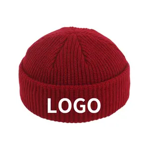 Topi Beanie Wanita Pria, Topi Beanie Logo Bordir Kustom, Topi Cuff Rajut Musim Dingin Berwarna Grosir