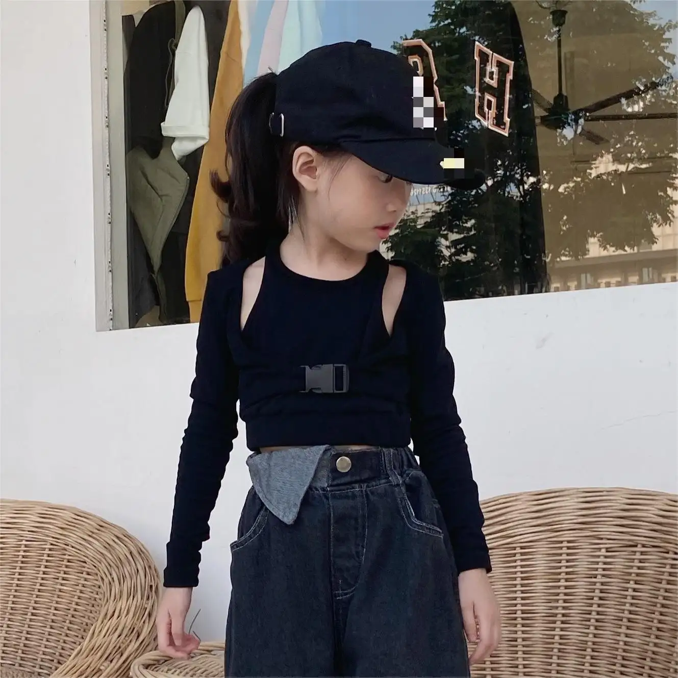 2023 Big Girl Fashion Children Girl Fall Black Patchwork Long Sleeved Shirt 4-9 Years