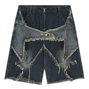custom luxury heavyweight Short denim applique embroidery belted short high waist punk jean Shorts roll up hem men shorts