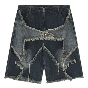 Custom Luxe Zwaargewicht Korte Denim Applique Borduurwerk Ceinted Korte Hoge Taille Punk Jean Shorts Oprollen Zoom Heren Shorts