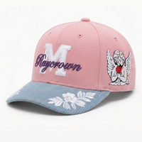 Casquette de baseball vintage rose personnalisée avec logo, visière en velours côtelé bleu, broderie 3D, lettres, chapeau de sport avec patch latéral ange pour hommes et femmes