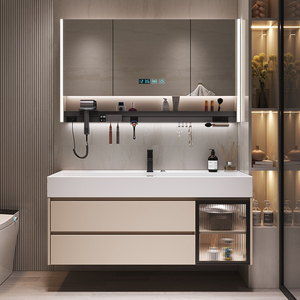 Meuble-lavabo de salle de bain moderne de luxe avec miroir intelligent, résistant à l'eau, éco-responsable, vasque en céramique, armoire en PVC et lavabo WC - Product Image 2