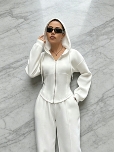 <b>White</b> Yoga Set <b>Zip</b> <b>Up</b> Hoodie and Wide Leg Pants Tracksuit Activewear Lounge Outfit - Product Image 1