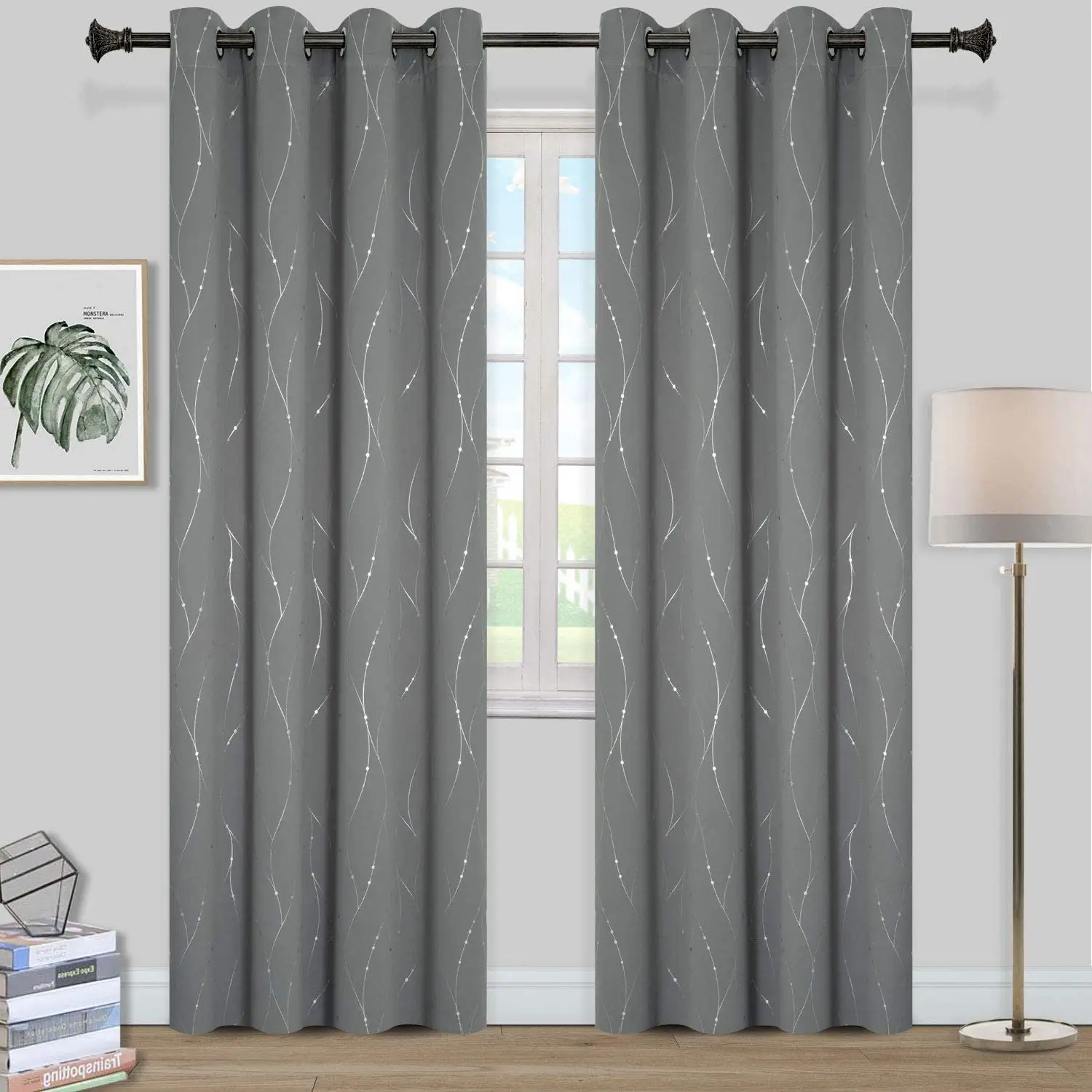 Ojal-cortinas opacas de lujo, ventanas con aislamiento térmico, línea de onda y patrón de puntos