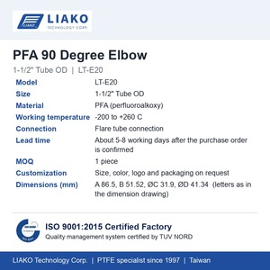 Codo PFA de 90 Grados para Tubo de 1-1/2" OD, Conexión de Tubo Flare LT-E20, Alta Pureza, Resistente a Químicos, para Procesos Húmedos en Semiconductores - Product Image 6