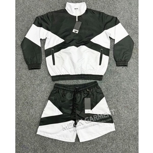 Custom Design <b>Stitching</b> Color Cut With <b>Stitching</b> Zip up Jacket and Nylon Shorts Set Polyester Two Piece Windbreaker <b>Tracksuit</b> - Product Image 1