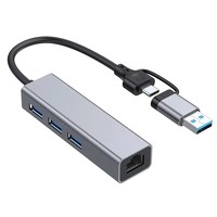 Adaptor Kartu Jaringan 4 In 1 USB 3.0 Hub 4 Port Aluminium Aloi Abu-abu Ruang Angkasa Splitter 5Gbps RJ45 1000Mbps untuk Laptop Desktop Pc