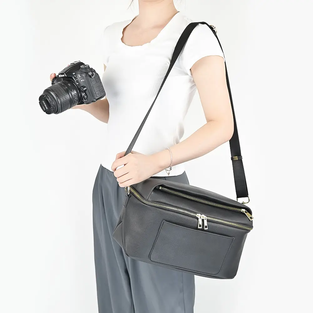 Multi-function Black Vegan Leather Camera bag Custom Camera Bag with Suede Lining