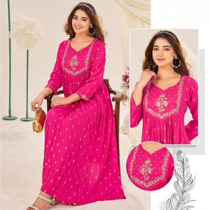 Rayonne élégante à la mode Anarkali Kurti avec travail imprimé et brodé parfait pour la fête et toutes les occasions - Product Image 1