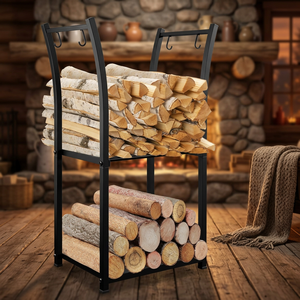 Modern Steel <b>Log</b> <b>Holder</b> with Hooks for Firewood Storage Rectangle Powder Coated Finish - Product Image 5