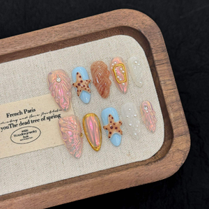 Uñas de Almendra 3D con Diseño Floral Hecho a Mano, Estilo Océano Azul, Uñas Desmontables, Set de Arte de Uñas, Dedos Artificiales Hechos a Mano - Product Image 5