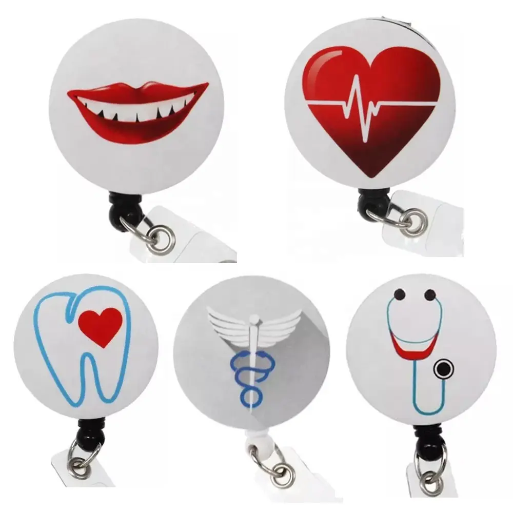 Round Shape Medical Stethoscope Tooth Heart Lip Retractable Badge Clip ID Card Holder Reel For Nurse Accessories