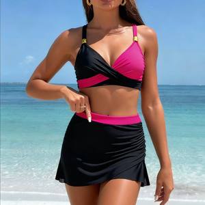 Women <b>Two</b> <b>Piece</b> Swimsuit Crossed Halter <b>Mesh</b> Skirt Sports Bikini Contrast Binding Stretch Swimwear For Beach Fitness - Product Image 4