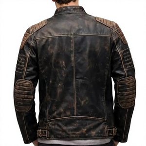 Blouson de moto en cuir véritable pour homme LONG MISSION INDUSTRY, col montant, fermeture éclair, couleur unie, finition délavée, coupe ajustée - Product Image 6