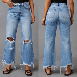 Novedad transfronteriza: Jeans de mujer de pierna ancha, con borlas, lavado tie-dye, rasgados, de cintura alta, de pierna recta, pantalones largos de mezclilla casuales - Product Image 4