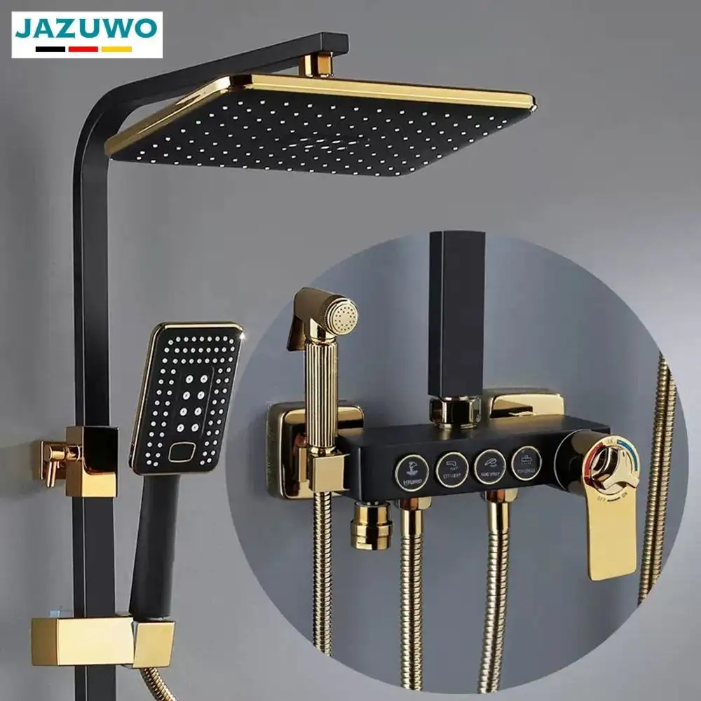 Badezimmer Gold Bad Luxus-Dusche-Set 4 Funktionen Klavier Messing Dusche-Set Thermostat für Hotel