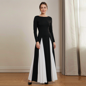 Robe de soirée longue à manches longues pour femmes, robe de soirée élégante en patchwork de chiffon noir, robe de soirée élégante pour femmes - Product Image 2