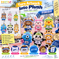 Porte-clés en peluche mascotte de course personnalisée avec tenue et numéro de course sur mesure pour cadeaux de sponsor d'équipe et goodies de marathon