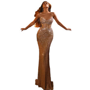 S3282L gaun lurus sampanye mewah untuk wanita gaun malam <span class=keywords><strong>Prom</strong></span> pesta dansa kristal sifon bermanik satu bahu untuk pernikahan wanita - Product Image 1