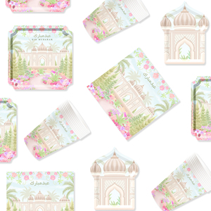 Ensemble de vaisselle jetable DAMAI pour le Ramadan et l'Aïd, comprenant des assiettes de 9 pouces, des gobelets, des serviettes - Design moderne et luxueux pour les repas en intérieur - Product Image 2