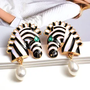 Zooying Zebra Shaped Trend Metal enamel Earrings High-quality Pearl Pendant Earring