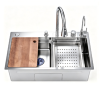 Évier de cuisine multifonctionnel en acier inoxydable couleur bronze, poste de travail avec évier simple, robinet extractible et sortie cascade, complet