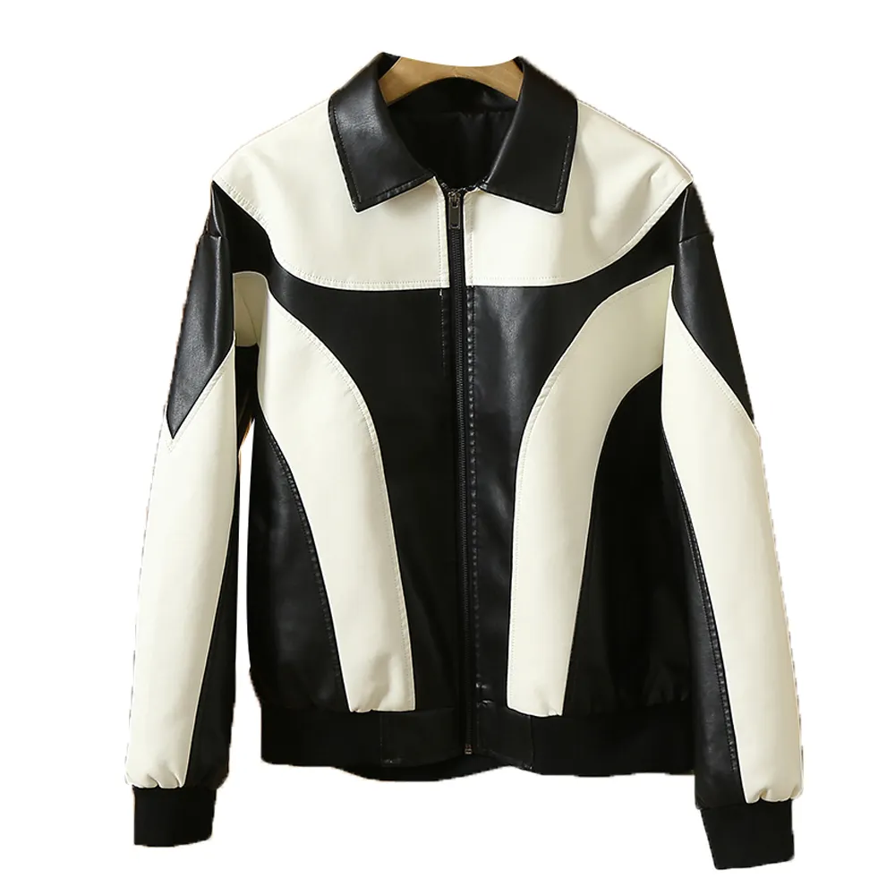Jaqueta de couro vintage estilo motocicleta outono-inverno para homens cor combinando preto e branco estilo vintage elegante