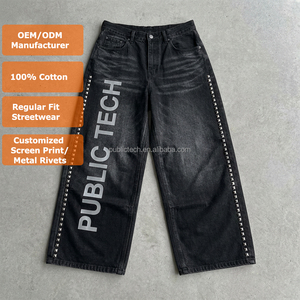 Premium Custom Screen Print logo Pants Monkey Wash Sun Faded Straight-Leg Jeans Mens High Street Denim Pants with Metal Rivets - Product Image 1