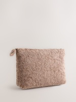 Pochette de maquillage pour femme en tissu doux Teddy avec fermeture éclair et logo personnalisé pour l'hiver, pochette de toilette en peluche douce pour femme