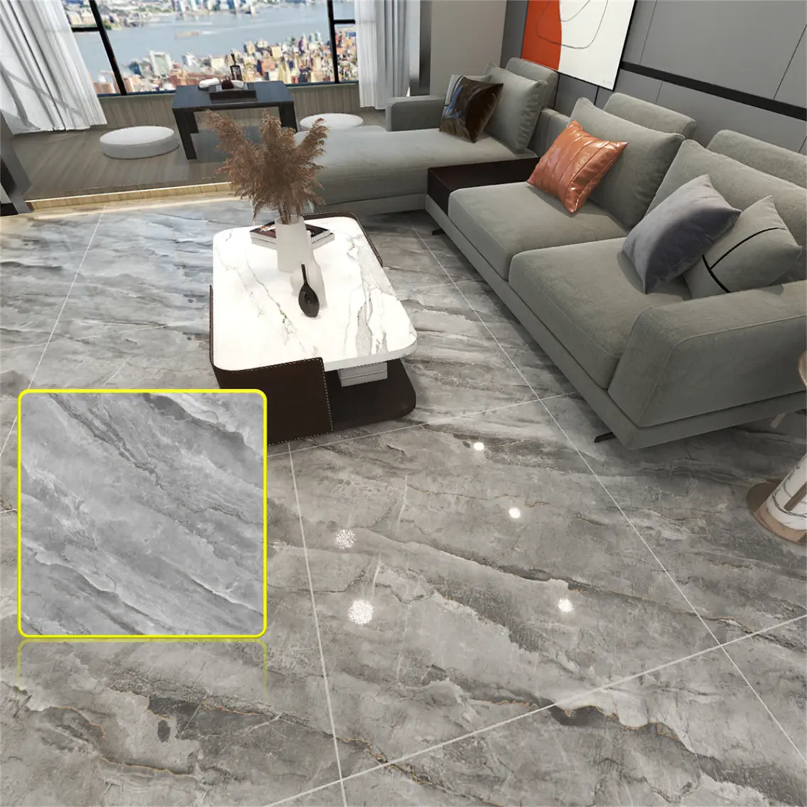 Living Room 1000x1000mm Ceramic vacuum plating marble golden glazed floor tile