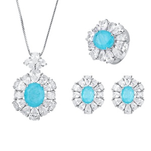 Fashion 10*12mm Paraiba Zircon Vintage Vintage Necklace <b>Earrings</b> Ring 3Pcs Eco-friendly Copper Elegantes Ladies Jewellery <b>Set</b> - Product Image 1
