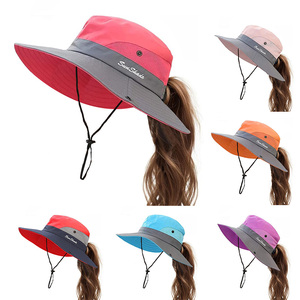 Chapeau de soleil d'été pour femmes chapeau de Protection UV extérieur à large bord chapeau de seau de queue de cheval pliable pour la pêche à la plage <span class=keywords><strong>randonnée</strong></span> - Product Image 5