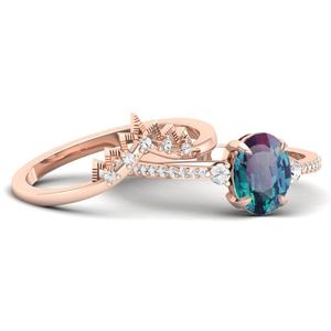 Ensemble de bagues vintage Art Déco plaqué or rose 14 carats, ensemble de mariage, bague de fiançailles en alexandrite de 1,53 carat - Product Image 3
