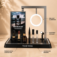 Présentoir cosmétique en acrylique multi-éclairage avec anneau lumineux réglable, panneau d'affichage personnalisé et support écologique
