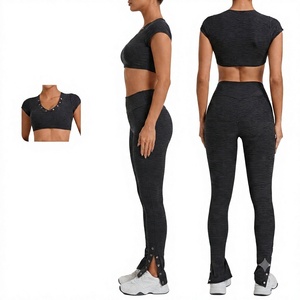 Conjunto de Yoga de 2 Piezas para Mujer, Top Corto de Cintura Alta y Leggings, Color Negro Sólido, Cuello en V, Manga Corta, Transpirable, Ajuste Sin Costuras - Product Image 4